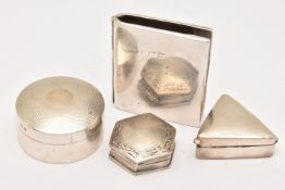 THREE SILVER/WHITE METAL TRINKET BOXES AND A STAMP HOLDER, to include two hallmarked silver