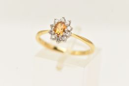 AN 18CT YELLOW GOLD GEM SET CLUSTER RING, an oval cut citrine, prong set with a surround of round