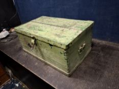 A VINTAGE PINE TOOL CHEST with an iron-banded top and base containing tools Dimensions:67x41x29cm