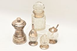 A BOX OF SILVER ITEMS, to include a hallmarked Birmingham silver pepper mill, two cut glass egg