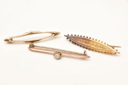 THREE BAR BROOCHES, to include a rose metal opal set brooch stamped 9c, fitted with a base metal