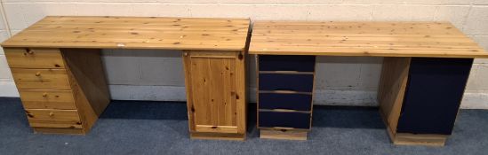 TWO MODERN PINE DESKS, each fitted with four drawers and a single cupboard door Dimensions:larger