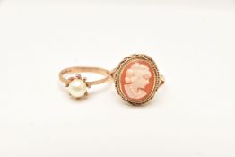TWO 9CT GOLD RINGS, the first a cameo ring collet set within a rope twist surround, bifurcated