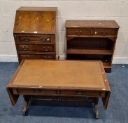 THREE PIECES OF REPRODUCTION YEW WOOD FURNITURE, to include a bureau, the fall front door