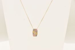 A 9CT YELLOW GOLD GEM SET PENDANT NECKLACE, a rectangular form pendant, set with circular cut