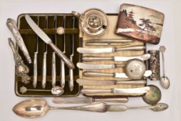 AN ASSORTMENT OF ITEMS, to include a cased set of six silver handled knives, hallmarked Sheffield,