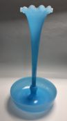 A LARGE SINGLE TRUMPET EPERGNE, in mid blue glass with tiny crackle effect, the trumpet having a