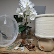A GROUP OF DECORATIVE ITEMS to include a frosted glass bowl diameter 30cm, two glass hanging