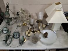 A GROUP OF HOUSEHOLD LIGHTING ITEMS to include a set of patinated metal lights comprising two wire
