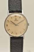 A GENTS STAINLESS STEEL 'OMEGA' WRISTWATCH, automatic movement, round discoloured silver dial signed