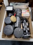 ONE BOX CONTAINING PHOTOGRAPHY RELATED ITEMS to include a Tamron CF Tele Macro lens and case, a