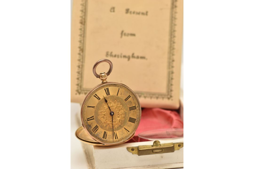 Pocket Watch Rome A YELLOW METAL OPEN FACE POCKET WATCH, key wound, round floral gold ...