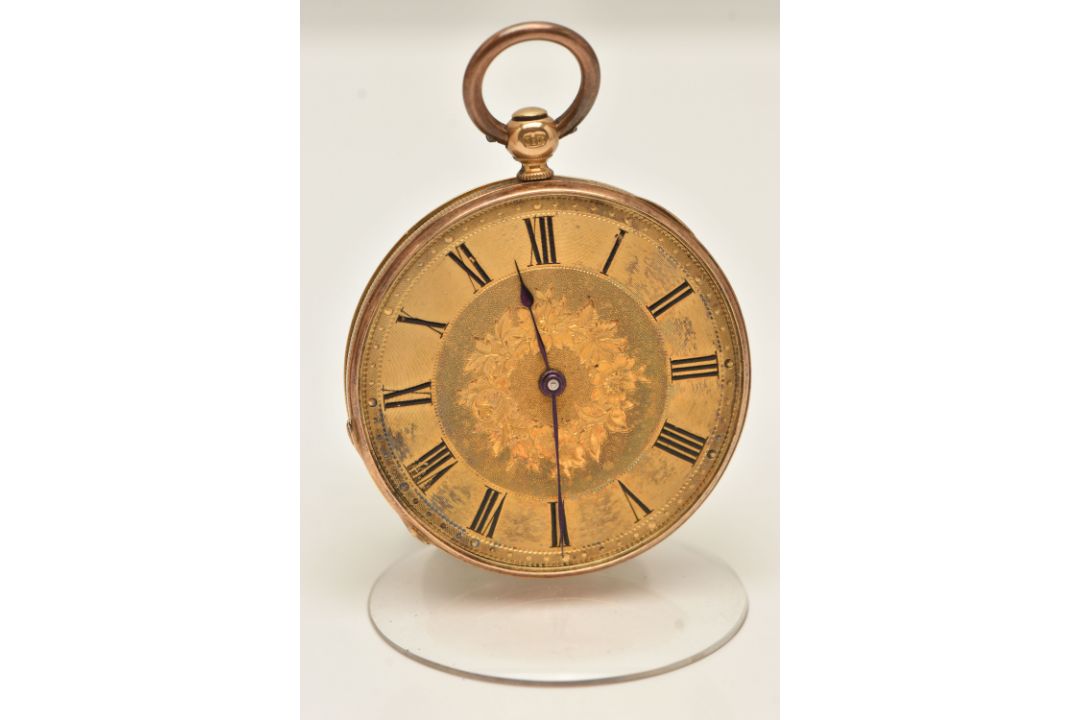 Pocket Watch Rome A YELLOW METAL OPEN FACE POCKET WATCH, key wound, round floral gold ...