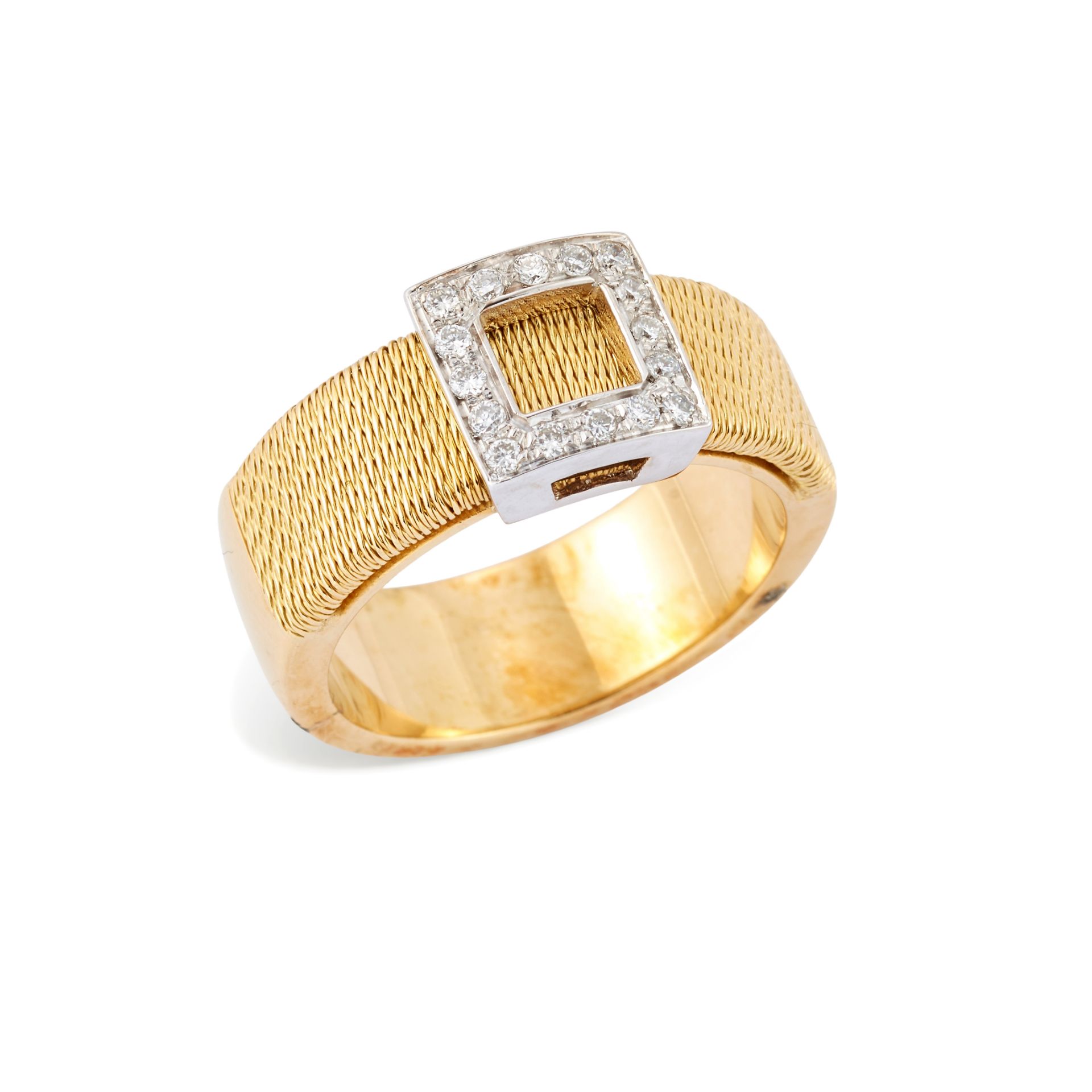 A diamond set ring, composed of an open rectangular plaque, set with brilliant-cut diamonds, the ...