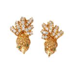 A pair of diamond set earclips, in the form of birds, with pavé brilliant-cut diamond tails, yell...