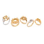 A group of five ring mounts, comprising: one of 18ct gold, London hallmarks, with baguette diamon...