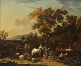 Jan van der Bent,  Dutch c.1650-1690-  A wooded landscape with peasants on a track;  oil on can...