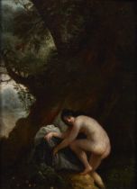 Moses van Uyttenbroeck,  Dutch c.1600-1646/57-  A nymph bathing in a woodland pool;  oil on pan...
