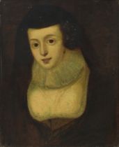 British School,  18th century-  Portrait of a lady, bust-length, wearing 17th-century dress, wit...