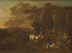 Jan Frans Soolmaker,  Flemish 1635-1685-  An Italianate landscape with figures, goats, and horse...