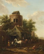 Barent Gael,  Dutch 1630/35-1698-  Two village scenes with horsemen by a tavern;  oils on canva...