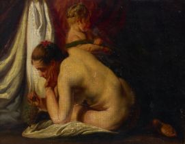 After Jacob Jordaens,  Flemish 1593-1678-  Detail of a female nude holding a bunch of grapes, fr...