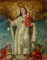 Cuzco School,  19th century-  Madonna and Child, with two male saints in adoration below;  oil ...