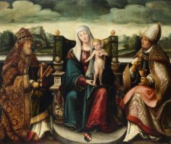German School,  late 16th / early 17th century-  The Virgin and Child enthroned between Saint Pe...