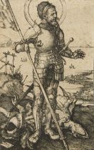 After Albrecht Dürer,  German 1471-1528-  Saint George Standing;  engraving on laid paper, 11.3...