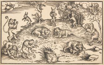 Workshop of Lucas Cranach the Elder,  German 1472-1553-  Lion and Hares;  woodcut on laid paper...