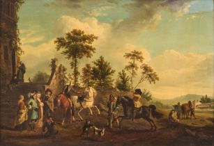After Philips Wouwerman,  Dutch 1619-1668-  The Riding School;  oil on panel, 23.6 x 34.4 cm.  ...