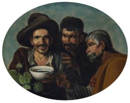 After Diego Velázquez,  Spanish 1599-1660-  Detail of the drinkers from 'Los Borrachos';  oil o...