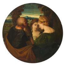 Circle of Paris Bordone,  Italian 1500-1571-  A philosopher with two maidens;  oil on panel, to...