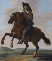 Pauwels van Hillegaert,  Dutch 1596-1640-  Equestrian portrait of a gentleman;  oil on oak pane...