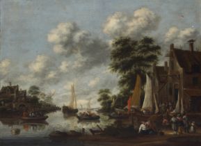 Thomas Heeremans,  Dutch 1641-1694-  A river landscape with ferry boats and other vessels, with ...