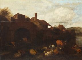 Follower of Jan van Ossenbeeck,  Dutch c.1624-1674-  Landscape with cattle and sheep accompanie...