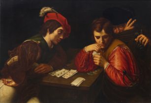 After Valentin de Boulogne,  French 1591-1632-  The Cardsharps;  oil on canvas, bears partially...