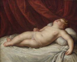 Giuseppe Mazzolini,  Italian 1806-1876-  The sleeping Christ, holding a cross;  oil on canvas, ...