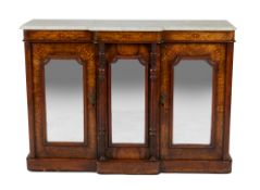 A Victorian boxwood strung burr walnut breakfront credenza, second quarter 19th century, the marb...