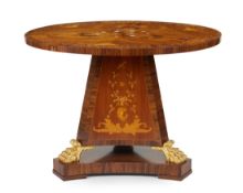 An English marquetry and mahogany crossbanded rosewood and walnut centre table, of Empire style, ...