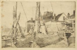 Walter Greaves,  British 1846-1930 -  Barges Lime Wharf, Chelsea; etching on paper, signed and ...