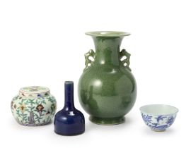 Four Chinese porcelains Late 20th century Comprising: a blue glazed vase, yaoling zun, with apo...