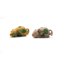 Two Chinese enamel on biscuit 'squirrel' water pots Qing dynasty, Kangxi period One glazed in y...