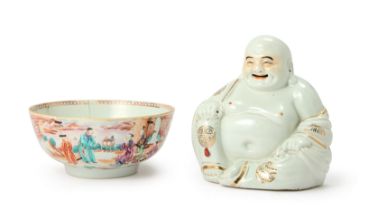 A Chinese white-glazed Budai and a famille rose punch bowl 18th and 20th century The Budai monk...