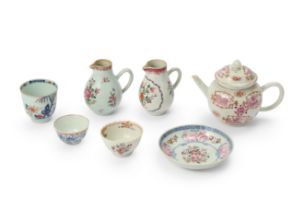 Seven Chinese export tea ware Qing dynasty, 18th century Comprising a famille rose teapot with ...