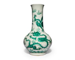To be sold without reserve A Chinese famille rose green enamelled 'dragon' vase 20th century, a...