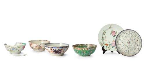Six Chinese export porcelains Qing dynasty, 18th century Comprising: two famille rose figurativ...