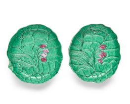 A pair of Chinese carved green and pink-enamelled 'lotus' washers  Late Qing dynasty/Republic pe...