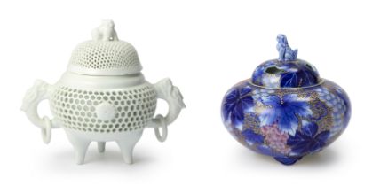 Two Japanese porcelain tripod incense burners, koro 20th century The reticulated incense burner...