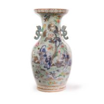 A Chinese celadon-ground 'Canton' famille rose and slip-decorated baluster vase Qing dynasty, Ji...